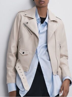 Zara Beige Leather Biker Jacket 3046/029